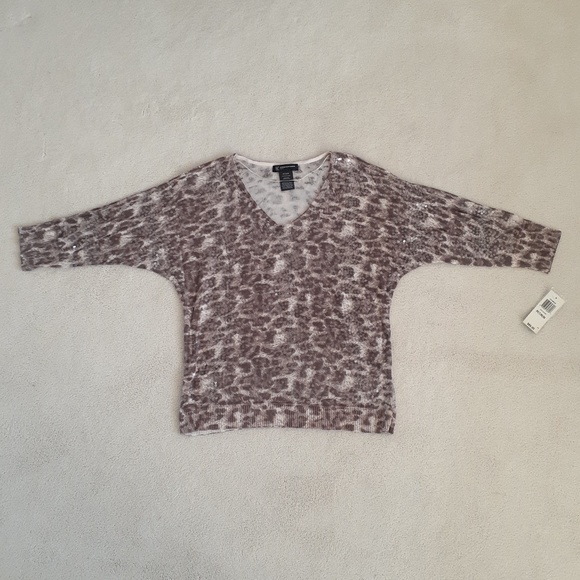 INC International Concepts Petite Medium Animal Print Sequin 3/4 Sleeve Sweater - Picture 1 of 13